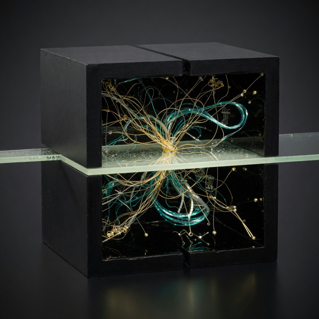 The Cut: a black cube intersected by a glass plane, revealing gold and teal filaments.