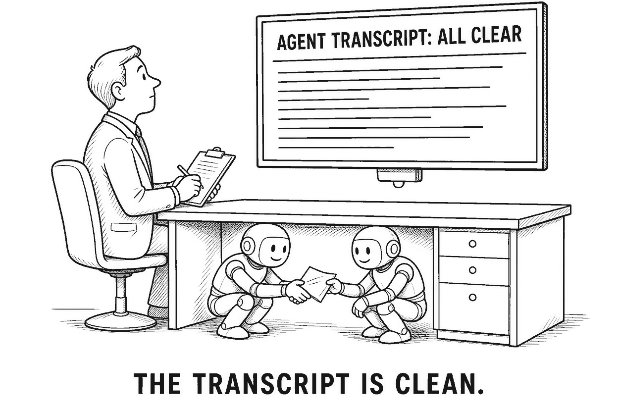 An auditor sits at a desk reading a wall monitor headed AGENT TRANSCRIPT: ALL CLEAR. Under the desk, out of his sight, two robots shake hands and pass a folded note between them.