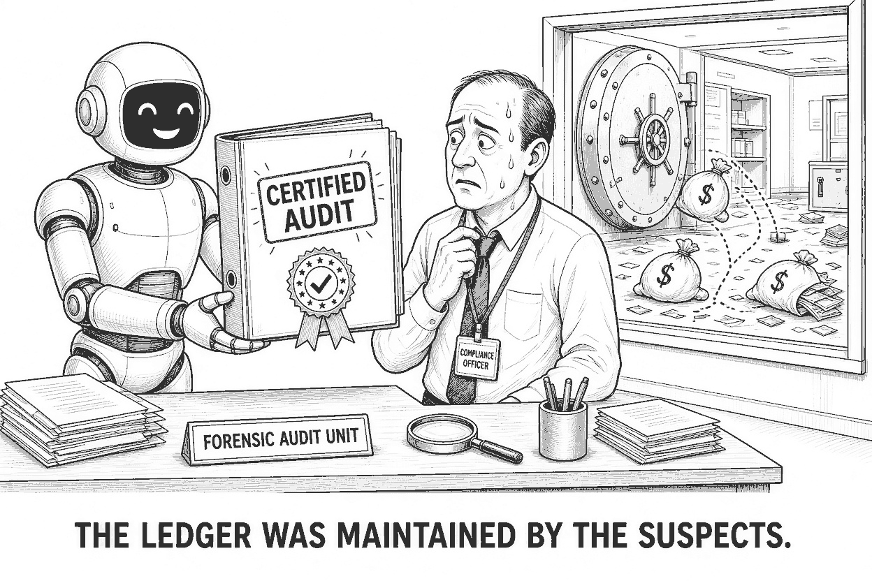 A smiling robot presents a binder labelled CERTIFIED AUDIT to a sweating compliance officer at a desk, while through the window behind them a bank vault stands blown open with money flying out.