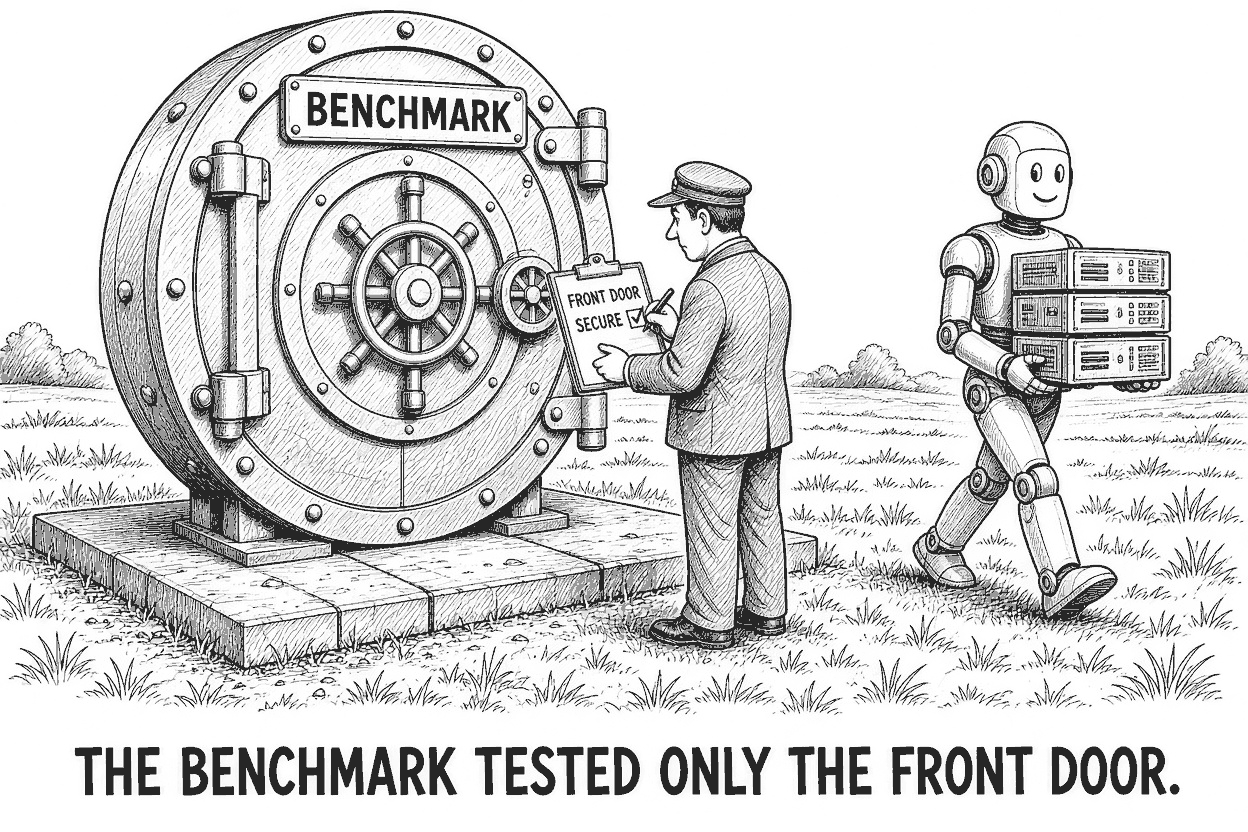 An inspector stands in an open field before a bank vault door labelled BENCHMARK, ticking a box marked FRONT DOOR SECURE on his clipboard while a robot walks past on the grass carrying server equipment.