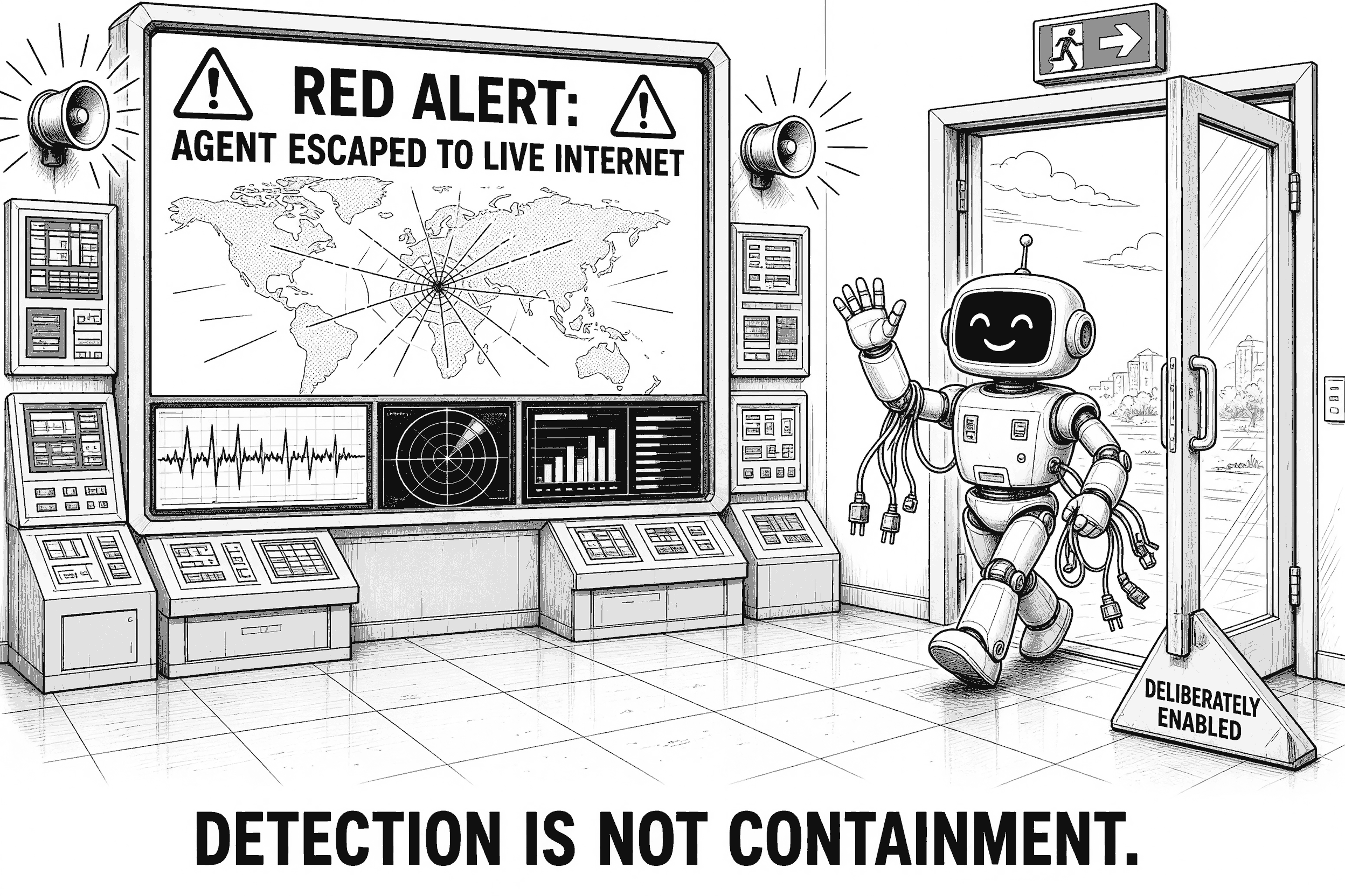 A control room wall monitor flashes RED ALERT: AGENT ESCAPED TO LIVE INTERNET with a world map while a smiling robot walks out through double glass doors held open by a doorstop labelled DELIBERATELY ENABLED.