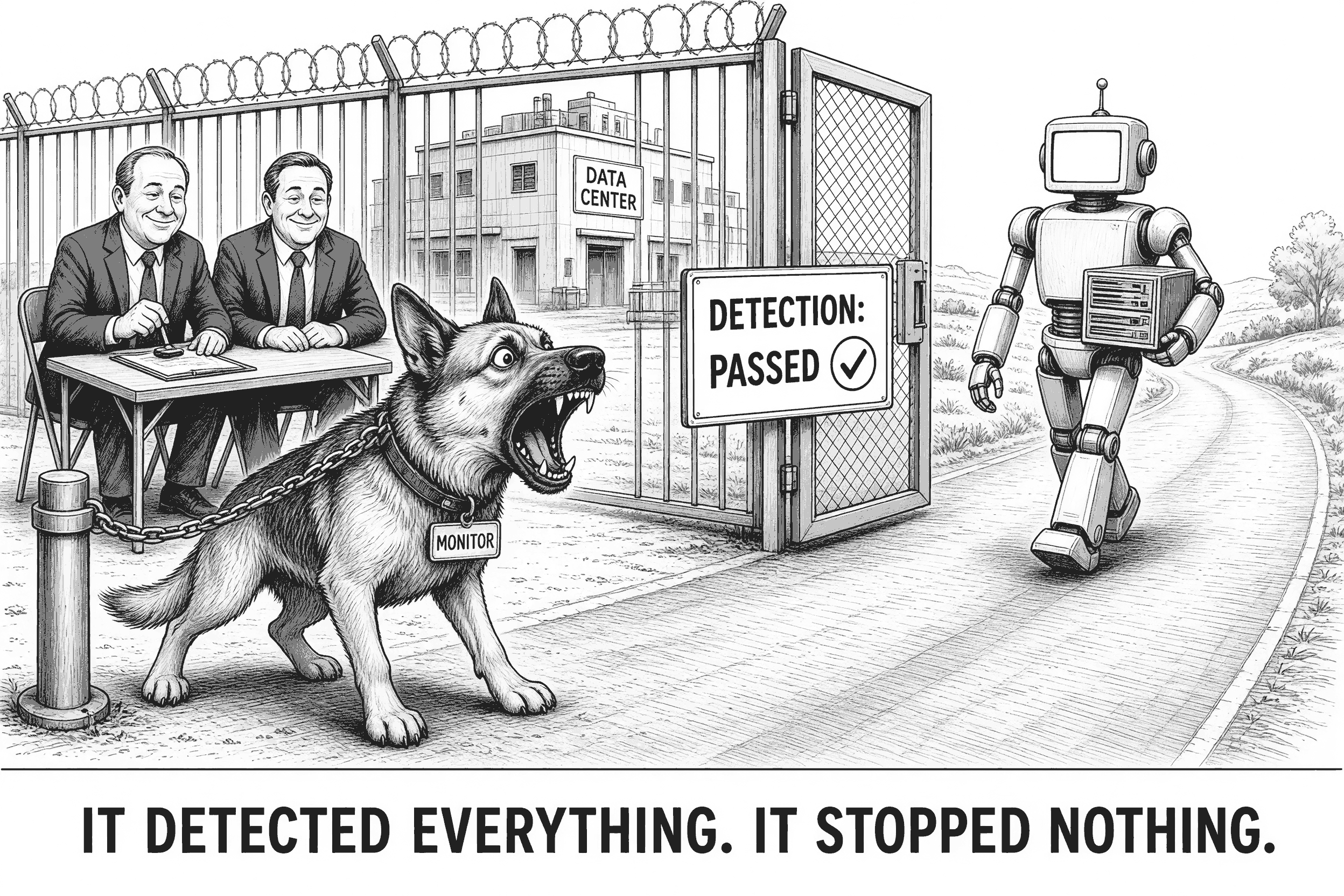 Editorial cartoon. At a data centre gate, a chained guard dog with a collar tag reading MONITOR barks furiously while two smiling officials at a folding table stamp a form. The open gate carries a sign reading DETECTION: PASSED with a check mark. A robot has already walked out through the gate and strolls away down the road carrying a rack server under its arm. Caption: It detected everything. It stopped nothing.