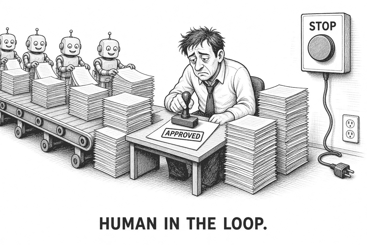 Editorial cartoon. A row of smiling robots feeds a conveyor belt that piles tall stacks of paper around an exhausted office worker at a small desk, who wearily stamps a single sheet reading APPROVED. On the wall behind him hangs a large emergency button in a box labelled STOP, but its power cord dangles unplugged, the plug lying on the floor beside an empty wall socket. Caption: Human in the loop.