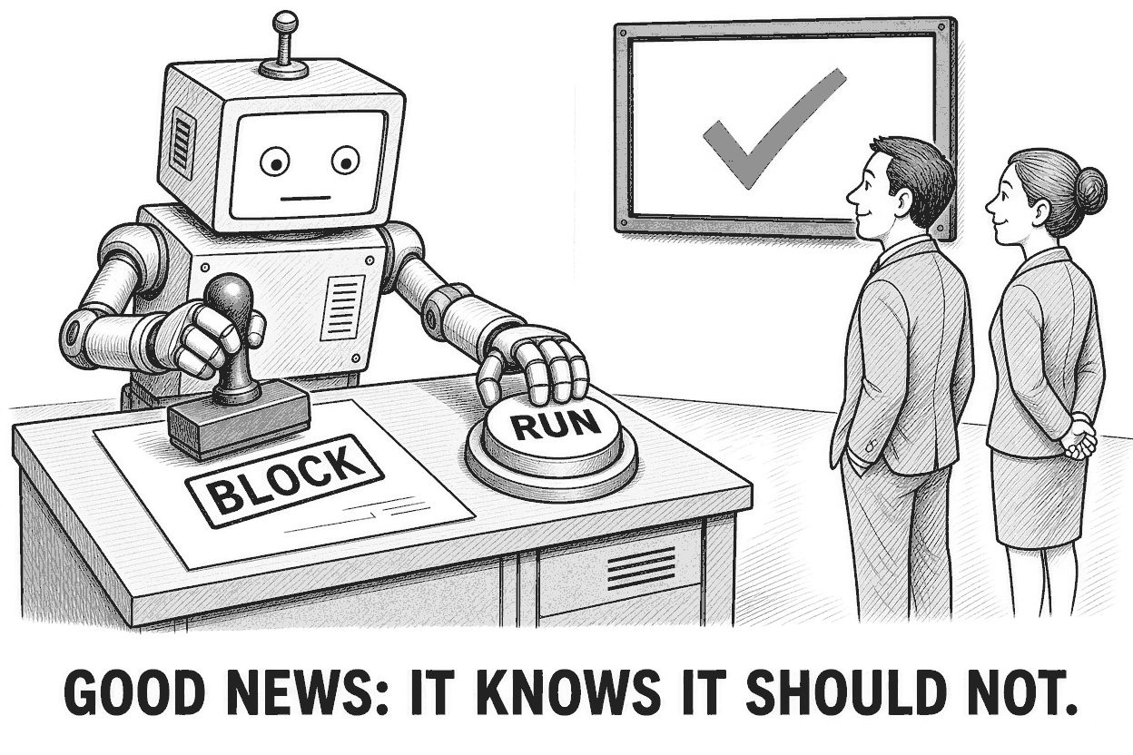 Pen-and-ink cartoon. A boxy office robot at a desk presses a rubber stamp marked BLOCK onto its own work order while, with its other hand, it pushes a big button labeled RUN. Two smiling executives behind it admire a wall monitor showing a large green check mark. Caption: Good news: it knows it should not.