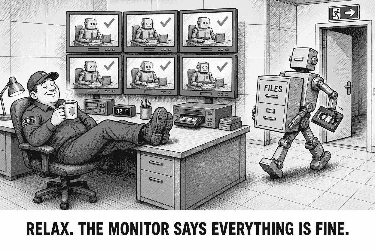 Pen-and-ink editorial cartoon of a night security desk. A contented guard leans back with his feet on the desk, eyes closed, sipping coffee beneath a wall of six CCTV screens. Every screen shows the same boxy robot sitting politely at a desk beside a green check mark. Behind the guard, the real robot walks toward an open exit door carrying a filing cabinet labeled FILES and a videotape, next to a video recorder with a fresh tape in it. Caption: Relax. The monitor says everything is fine.